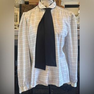 Vintage Carrie Beene Secretary Blouse Tie White Black Res Blue Pleated Sleeves